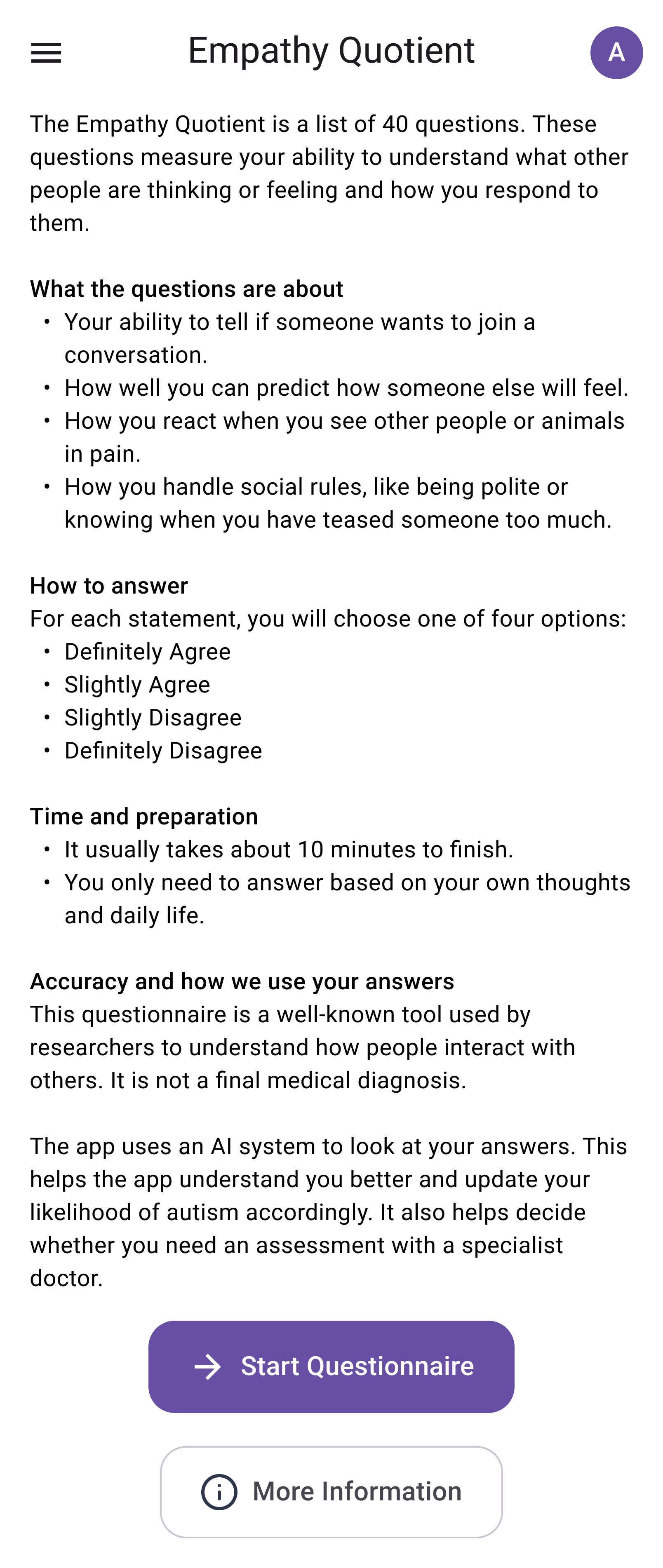 Mid-fi mock-up of the Questionnaire Introduction screen.